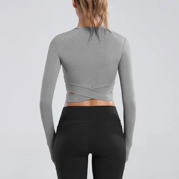 Ženske Long Sleeve Tek Majica Sexy Izpostavljeni Popka Joga T-majice Quick Dry Fitnes Gym Crop Tops Trdna Športne Majice