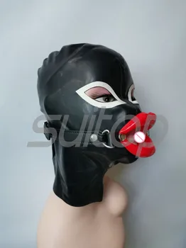 Catsuitop Novo latex maske z mehko rdeče ustnice pasom v črni in beli trim