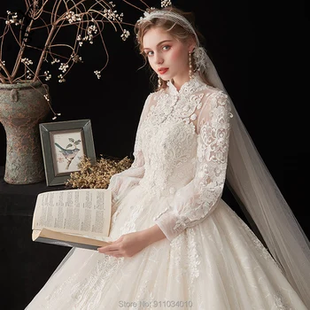 Omamljanje plezati poročno obleko z dolgimi rokavi 2020 poročne obleke pravo delo amanda novias