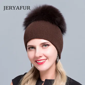 JERYAFUR Dame pozimi klobuk naravnega krzna fox pompon klobuk dame moda volne toplo priložnostne beanie klobuk dame klobuk