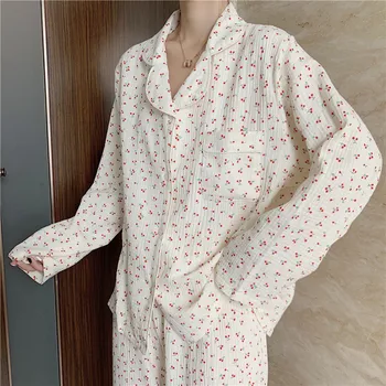 Udobno mehko bombažno doma obleko ženske sleepwear shivering češnja tiskanja ljubek dolg rokav pižame komplet majice hlače preprost Y060