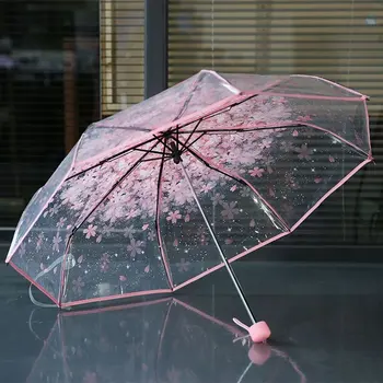 Tri-Zložljiv Češnja Sakura Dežnik Plastike +Lita 8 Reber Prozoren Dežnik Windproof Ženske Človek Univerzalne Krovne Dež Orodja