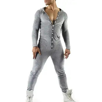 Moški Sleepwear SkinnyJumpsuit Trdna Long Sleeve Hooded Gumbi Pyjama Priložnostne Romper Moških Modnih Oblačil na Splošno Onesies