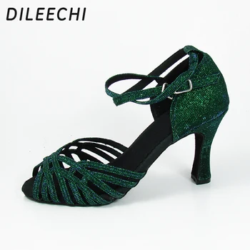 DILEECHI nove Green flash latinsko plesne čevlje za odrasle ženske Ballroom ples čevlji Samba čevlji, Sandale za Ženske Pete 6 cm 5 cm