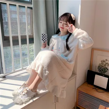 Pozimi korejski Toplo Puding Pes Plišastih Anime Nighdress Žensk Obleko z Dolgimi Rokavi Sleepwear Doma Ženske Obleke Noč