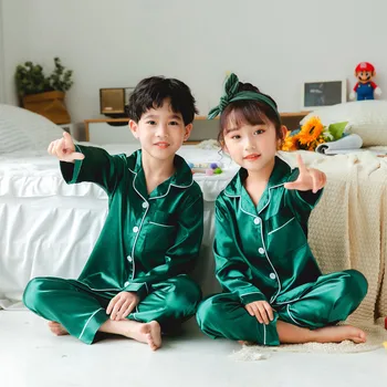 2020Spring Dolg Rokav Otroci Pižame Nastavite Udobno Svile Otroci Homewear Poletje Dekleta Soild Sleepwear Unisex Saten Pižame Set