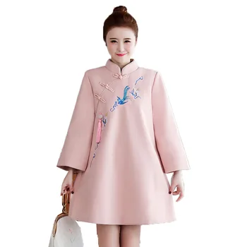Pozimi Nov Slog Eleganten Plašč Mid-dolžina Vezene Debele Prešite Kitajski Kostum Volnene Izboljšano Cheongsam Plašč Qipao Obleko