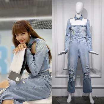 Kpop korejski Slavni modni Svetlo modra slim votlih denim kratke jakna, plašč+ modni svoboden Naravnost kavbojke ženske Dva-delni set
