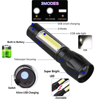 3800LM COB LED Bliskavico Vgrajeno Baterijo, USB V5+COB 3modes baklo Kamp svetlobe Zoomable Nepremočljiva
