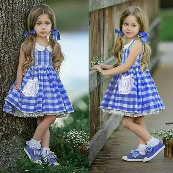 2020 Nov Baby Dekle, Princesa Stranka Priložnostne Obleko Brez Rokavov Modra Kariran Obleke