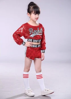 Rdeča Otroci Otrok Bleščica Hip Hop Ples Kostum Sparkly Odru Jazz Plesne Kostume Obleko Dekleta Crop Zgornji del in Hlače