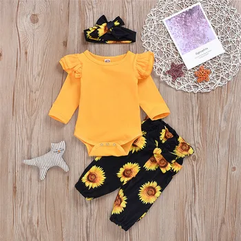 Baby Girl Obleke Novorojenega Dojenčka Poletje 3Pcs Nastavite Trdno Romper Vrhovi Sončnično Cvetlični Hlače Glavo, Obleke, Oblačila, Obleko