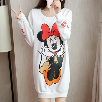 Disney minnie mouse Jeseni Tanke Dolg Rokav Obleka Risanka Risanka Tiskanih Obleke Plus Velikost M-5XL Priložnostne Svoboden Ženske Kratka Obleka