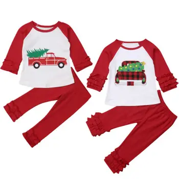 Dekliška Oblačila, ki Jeseni Flouncing T-Shirt Hlače Za Božič 2pcs Vesel Božič Moda Otroci Dekle Obleke Rdeča Tip Dropshipping