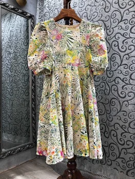 2021 Poletje Modni Slog Obleko Visoko Kakovostne Ženske O-Vratu Votlih Iz Vezenje Vzorci Kratek Rokav Vintage Tiskanja Obleko Iz Svile