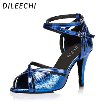 DILEECHI Žensk Modra PU latinsko plesne čevlje mehak podplat kvadratnih profesionalne plesne čevlje, Ženska Ballroom ples čevlji 8,5 cm