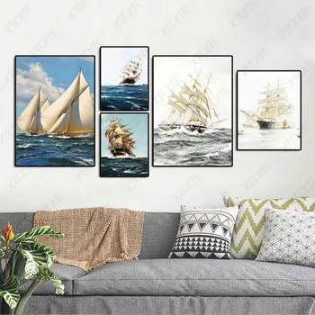 Retro Seascape Plakat Jadranje Čoln Vožnja Z Vetrom in Valovi Platno Slikarstvo Ozadje in Tiskanje Slike Plovila za Dom Dekor