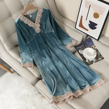 Jeseni Nove Ženske Nightgown Sleepwear Velur Nightdresss Seksi Čipke Trim Spanja Obleko Ženski Žamet More Priložnostne Obleko Domov