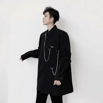 Moški Ulične Hip Hop Japonska Koreja Slog Ohlapno Črno Obleko Srajce Moške Verige Obesek Priložnostne Long Sleeve Majica