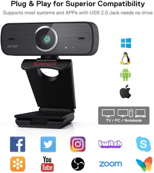 Redragon GW800 1080P Spletna kamera z vgrajenim Dvojni Mikrofon 360-Stopinjsko Vrtenje - 2.0 USB Skype Računalnik Spletna Kamera