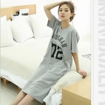 Plus velikost ženske nightgowns pismo tiskanja bombaž nightdress poletje dolgo obleko kratkimi rokavi ženske sleepwear sleepshirt VROČE
