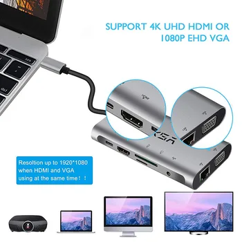 EKSA USB HUB C 10 v 1 Thunderbolt 3 Tip C Adapter USB 3.0 Vrata 4K HDMI je Združljiv VGA priključek RJ45 Gigabit Ethernet Za Macbook Pro