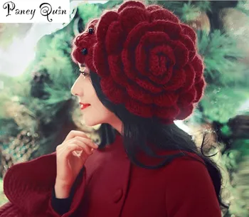 Sladko ženske pozimi klobuk Beanies velikih cvetov Kroglice Kape Lady Pokrivala Beanies Ženske Pletene Kape gorros mujer invierno