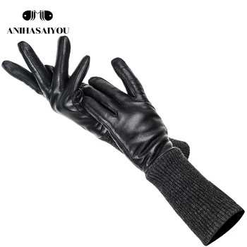 Moda black ženske dolge rokavice, Pravega Usnja toplo ženske usnjene rokavice, Dobra kvaliteta ovčje kože ženske rokavice-7029