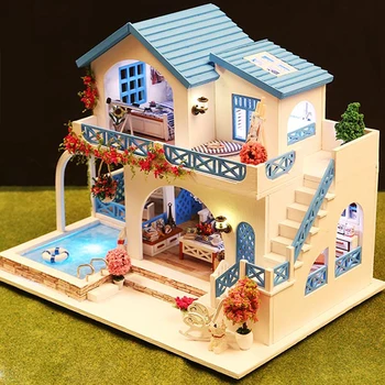 Miniaturni Super Mini Velikosti Lutka Hiša Model Zgradbe Kompleti Leseno Pohištvo, Igrače DIY Lutke Modro in Belo Mesto, Igrače Za Otroke