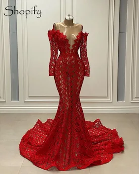Dolge Večerne Obleke 2020 Sexy Morska Deklica Off Sholder Dolgimi Rokavi Rdeče Čipke Dubaj Ženske Afriške Backless Formalno Oblek