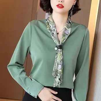 Dolgo sleeved Šal Ovratnikom Natisne Majica Ženska Moda Lok Šivanje Preprost Stil Ohlapen Pulover Šifon Bluze za Ženske Pomlad