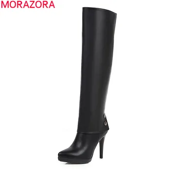MORAZORA 2020 pozimi priljubljeno mehko usnje, kolena visoki škornji seksi stiletto visokih petah konicami prstov plesne čevlje ženska črna