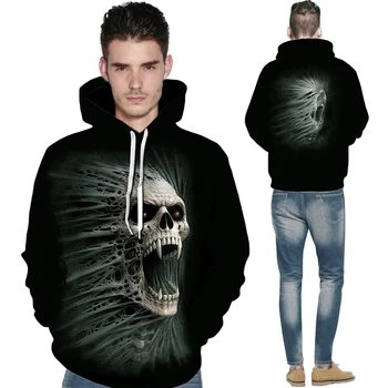 Mens Lobanje 3D Tiskanja Hoodies Punk Rock Prevelik Moški zgornji del Trenirke Gothic Hip Hop Steetwear Moški Puloverji s kapuco Nekaj Sweatshirts