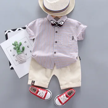 Malčka otroci baby hlače za fante rokav prugasta vrhovi srajce lok kravato trdne hlače lep formalna oblačila otroci oblačila 2pcs