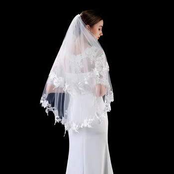 Nov Prihod Eno plast Poceni Kratek Poročni veil 2021 Čipke Appliques poročne veils poroko Slonovine Mantilla tančico za cerkev