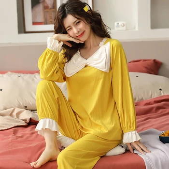 Lep Lok-Vozel za Ženske Čisto Bombažno Pižamo Za Ženske Pižame Sleepwear Pijamas Mujer Dolgo sleeved Hlače Proti-Vrat Pižamo XXXL
