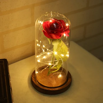 Visoka Kakovost Stekla, Pokrov Rdeče Rose Cvet Niz LED Luči Leseno Osnovo za Romantično Valentinovo Darilo za Rojstni dan baterijsko Napajanje