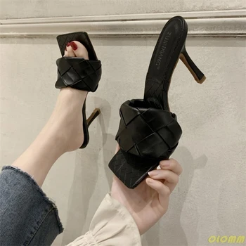 2020 Poletje Nova Zasnova Kača Tiskanja Kvadratni Toe Petah Visoke Kakovosti PU Usnja Natikači Gladiator Womens Sandali Strani Čevlji
