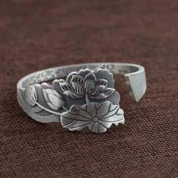 S999 sterling srebro ženska zapestnica Ribi lotus cvetje retro Tajski srebro plovila, ročno izdelan nakit mat Argentum za ženske