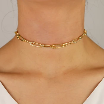 Novo Choker ogrlica pin obliko čar, nakita, Zlata barva mikro utrla cz varnost pin povezavo choker veriga ogrlica 32+8 cm za poroko