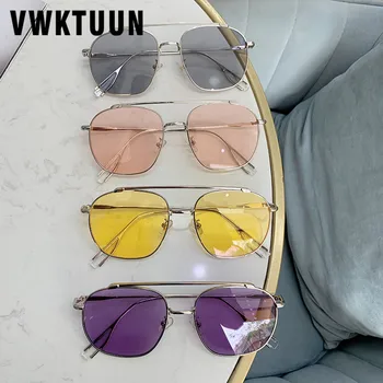 VWKTUUN Kvadratnih sončna Očala Ženske Twin Žarek sončna Očala Kovinski Okvir Očal je UV400 Točk Vintage Sunglass Jasno Ocean Objektiv Odtenki