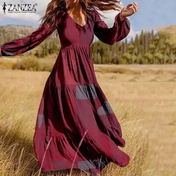 Ženske Jeseni Sundress ZANZEA 2021 Moda Ruffle Maxi Obleko Priložnostne Puff Rokav Tunika Vestidos Kariran Tiskanja Haljo Plus Velikost S-5XL