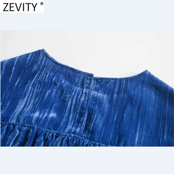 Zevity Novo 2020 Ženske Modni O Vratu Trdna Gub Žamet Mini Obleka Ženska Devet Četrtletju Rokav Priložnostne Slim Line Vestido DS4796