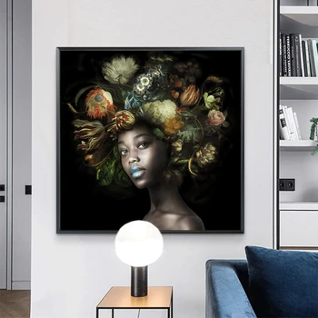 Črna Ženska S Cvetjem na Glavi Oljnih Slik Tisk na Platno Umetnosti Plakatov in Fotografij Afriške Cvet Ženska Art Slike Cuadros