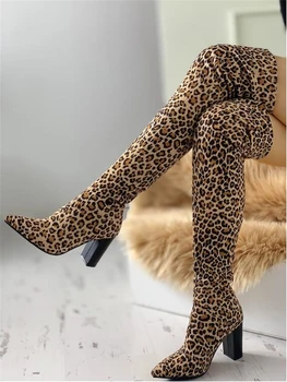 2019 leopard velike velikosti 43 Konicami Prstov Čez Kolena in Škornji ženske 8 cm visoke pete luksuzni Design močen nagnila žensk, ženska, Čevlji