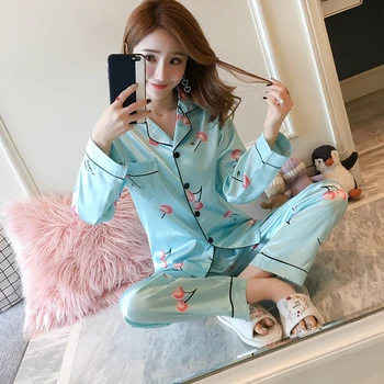 Ženske Pižame Nastavite M-5XL Plus Velikost Led Saten Svila Pajama Dolg Rokav Sleepwear Pižami