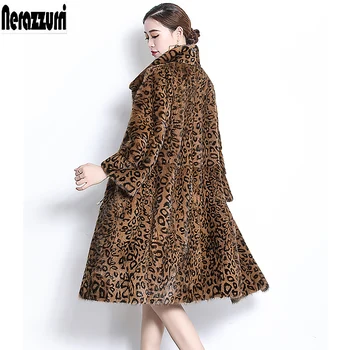 Nerazzurri Pravi mink krzno plašč leopard tiskanja mink coats dolg rokav toplo debele luksuzni plus velikost naravnega krzna suknji 5xl 6xl 7xl