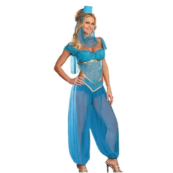S-XXL Modra Seksi Žensk Halloween Cosplay Stranko Poroko Trebuh Plesalka Aladdin Princesa Jasmina Kostum za Odrasle