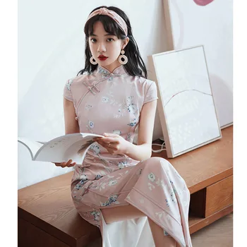 Sheng Coco Ženske Roza Orientalski Svilene Obleke Qi Pao Formalno Elegantno Cheongsam Vestidos Klasični Orientalski Dolgo Zakonsko decked Obleko