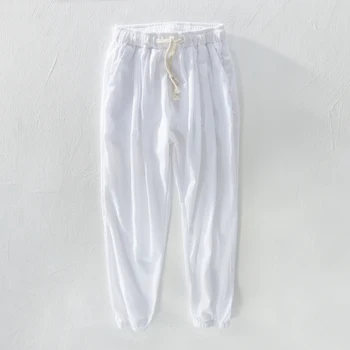 2018 Nove blagovne znamke gleženj-dolžina hlače moški lan in bombaž svoboden bele hlače moški 29-40 velikost elastični pas hlače moški pantalones